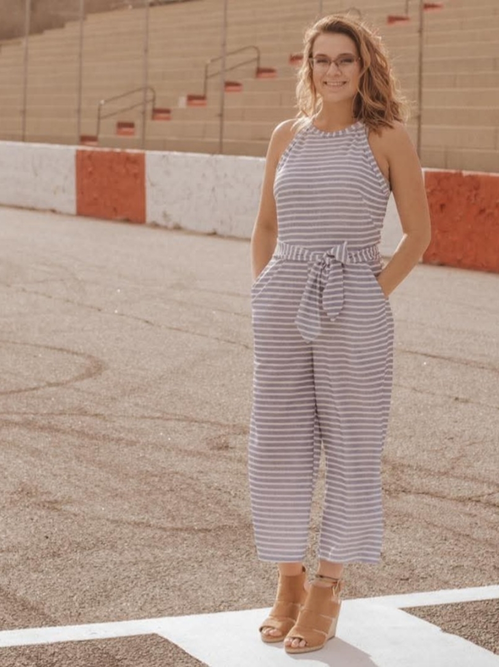 Source Unknown Gray & White Striped Halter Jumpsuit